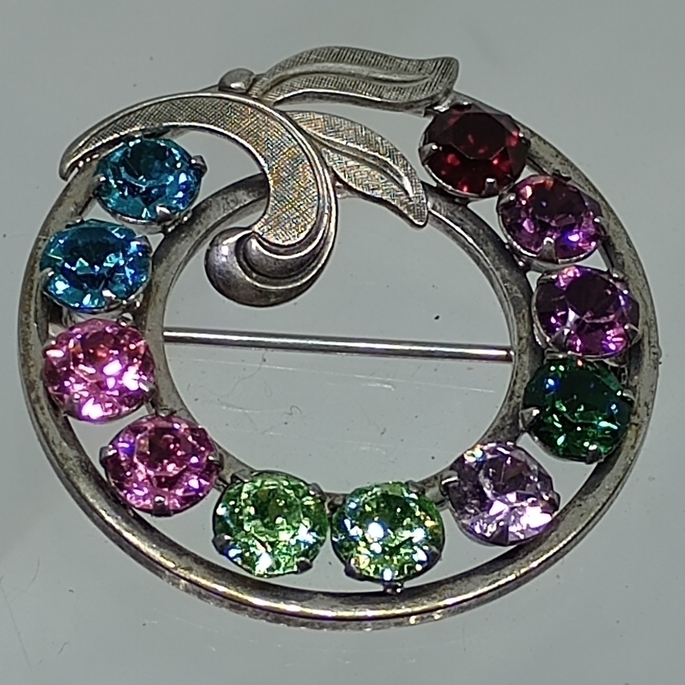 * vintage Van Dell sterling silver multi color rhinestones pin brooch